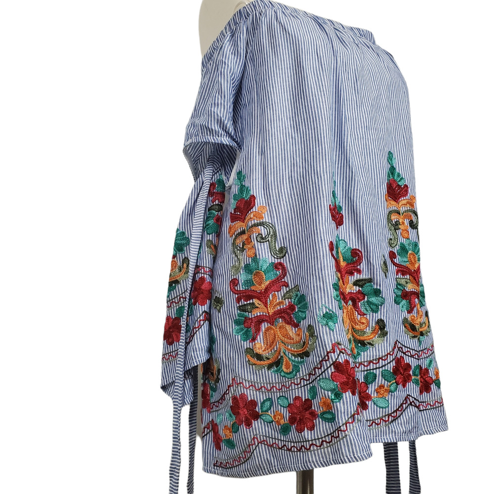 Blush Off the Shoulder Striped Embroidered Floral Tunic Blouse Women's  Sz Large